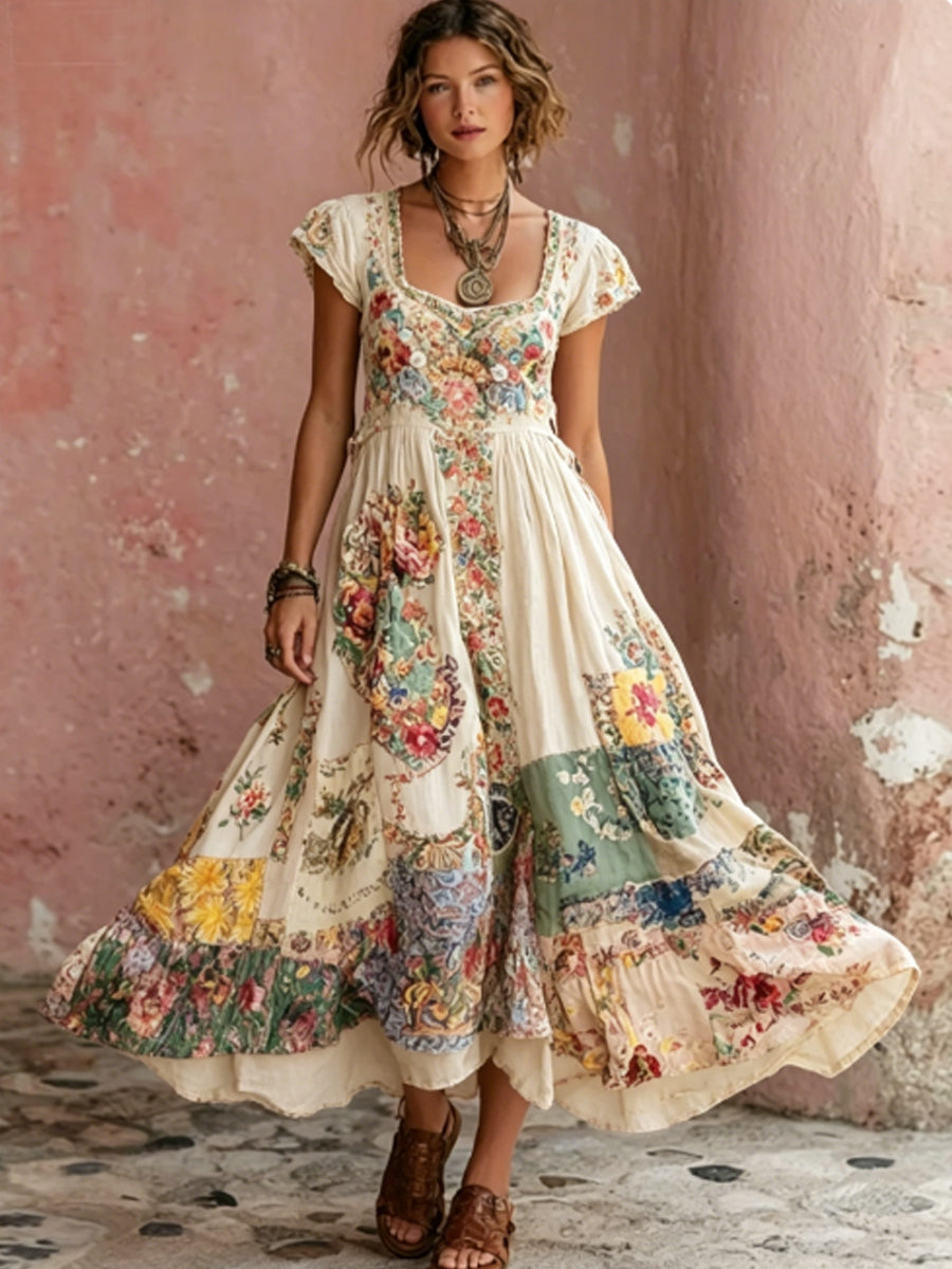 Damesjurk in Bohemian-stijl met bloemenborduurwerk, ronde hals en korte mouwen, midi-lengte