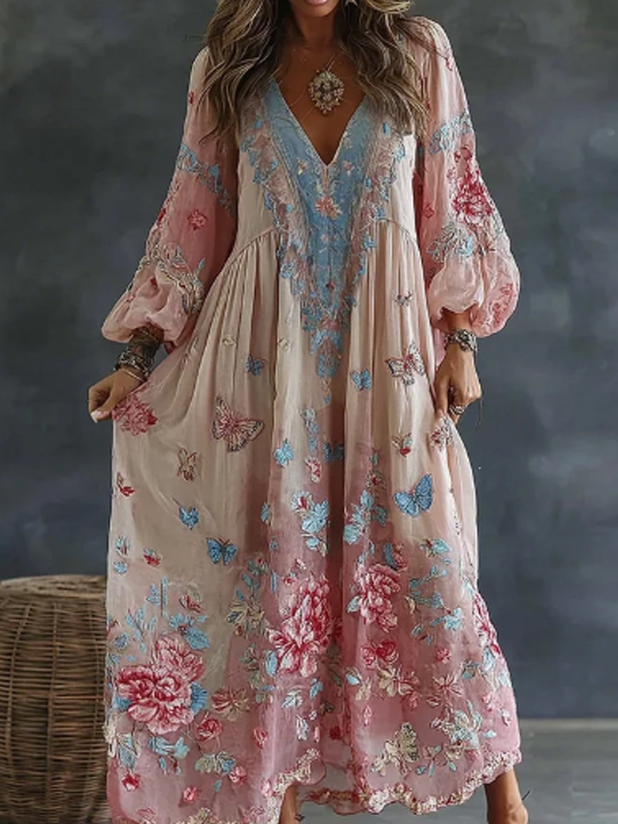 Dames bloemen en vlinderkunst print Flowy linnen blend casual jurk met V-hals
