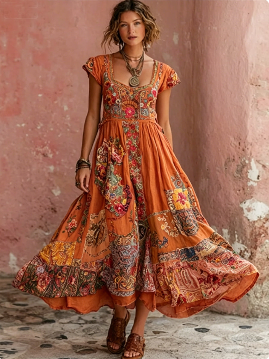 Damesjurk in Bohemian-stijl met bloemenborduurwerk, ronde hals en korte mouwen, midi-lengte