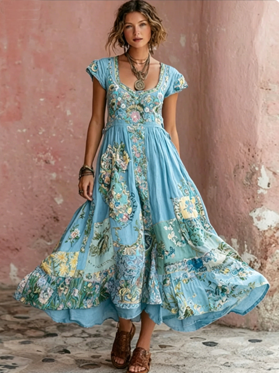 Damesjurk in Bohemian-stijl met bloemenborduurwerk, ronde hals en korte mouwen, midi-lengte