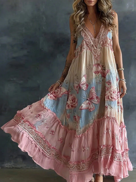 Dames bloemen en vlinderkunst print Flowy linnen mix casual mouwloze maxi jurk