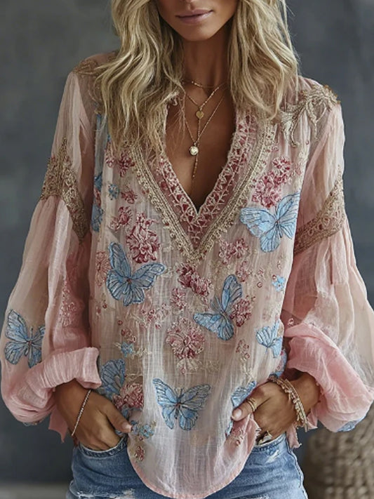 Dames vintage bloemen- en vlindergeborduurde artprint soepelvallende linnenmix casual tops
