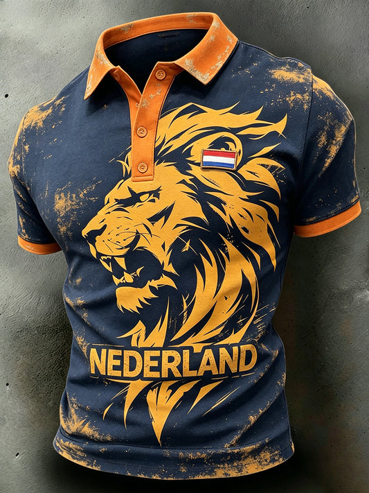 Heren casual poloshirt met verweerd leeuwenmotief