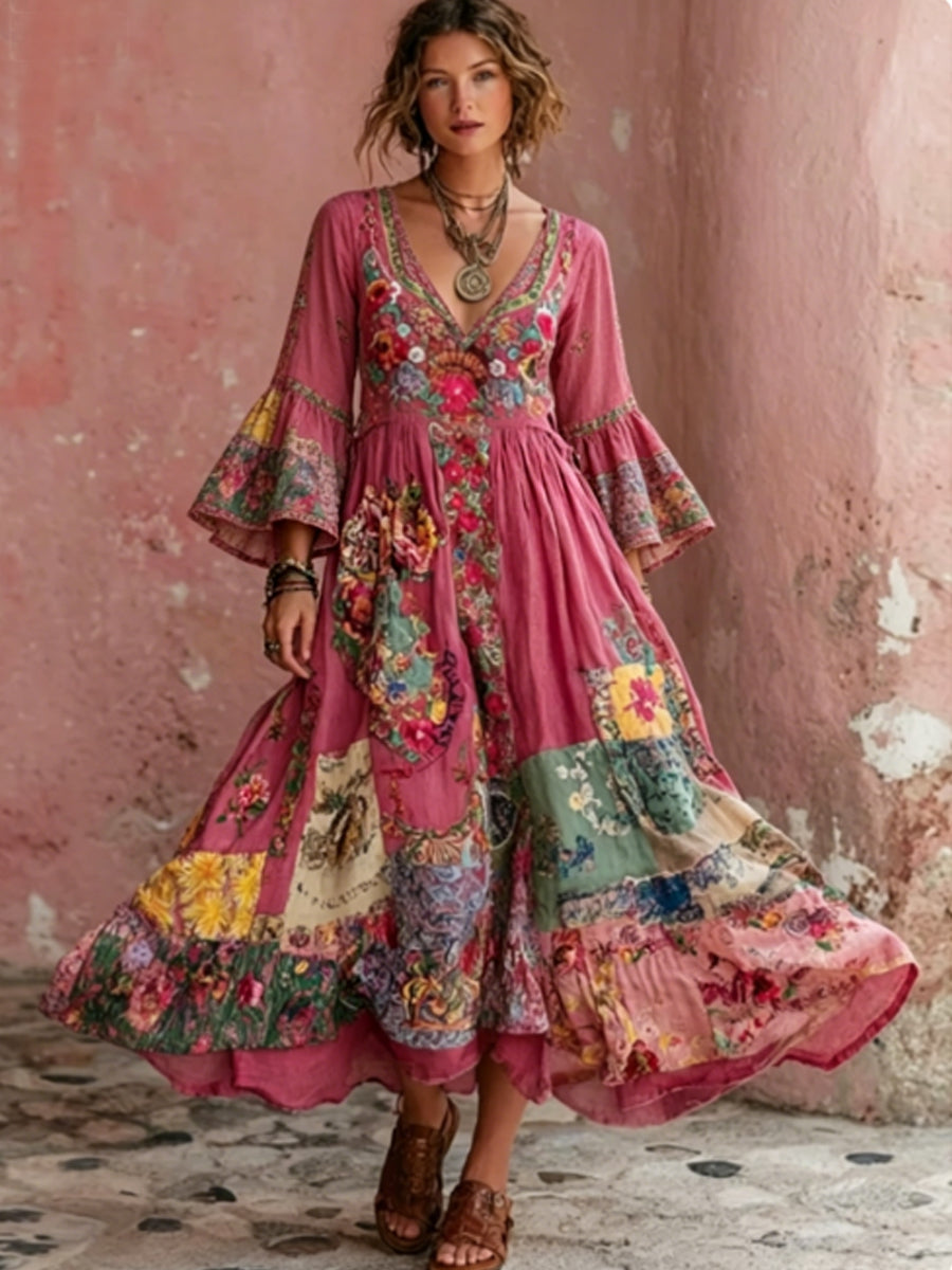 Damesjurk in Bohemian-stijl met bloemenborduurwerk, V-hals en korte mouwen, midi-lengte