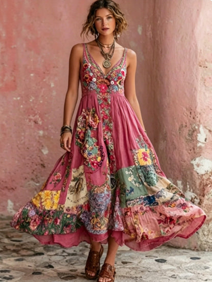 Damesjurk in Bohemian-stijl met bloemenborduurwerk, V-hals en korte mouwen, midi-lengte