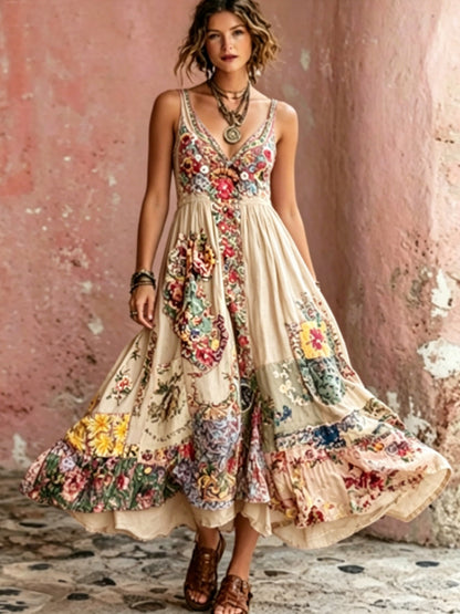 Damesjurk in Bohemian-stijl met bloemenborduurwerk, V-hals en korte mouwen, midi-lengte