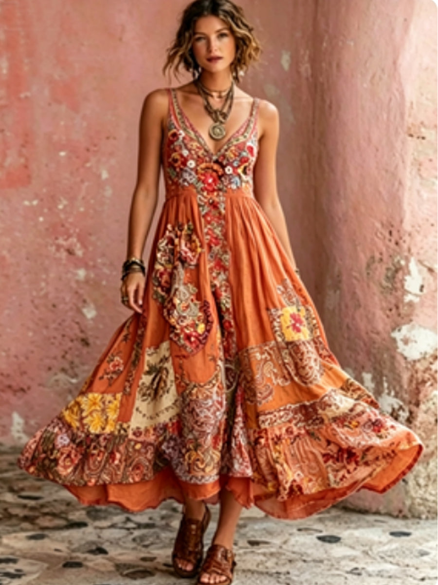 Damesjurk in Bohemian-stijl met bloemenborduurwerk, V-hals en korte mouwen, midi-lengte