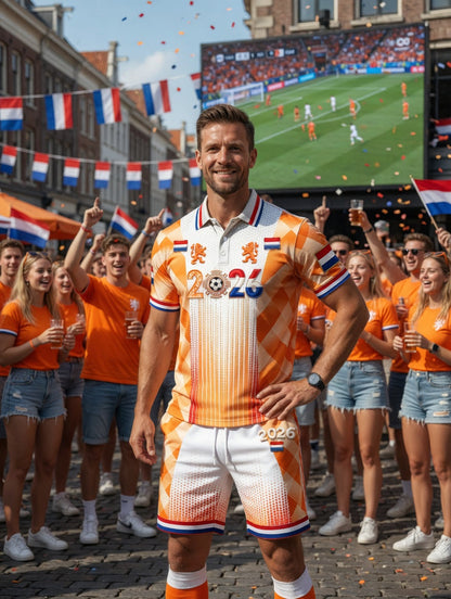Heren Nederland 2026 voetbal patchworkprint casual poloshirt en korte broek set