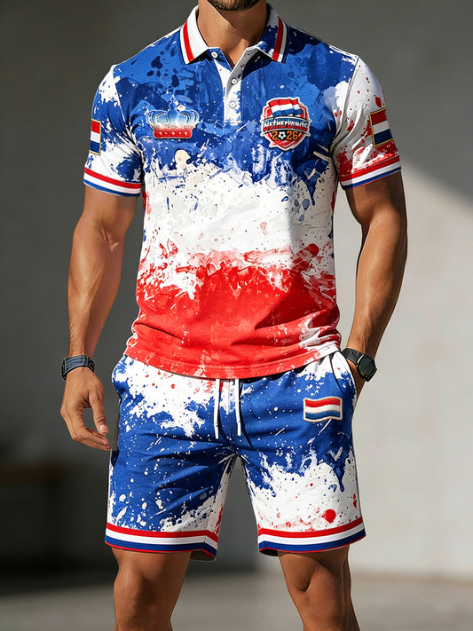 Herenpolo en shortsset met grafische print van de Nederlandse vlag, casual stylerei