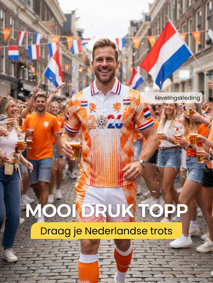 Heren Nederland 2026 voetbal patchworkprint casual poloshirt en korte broek set