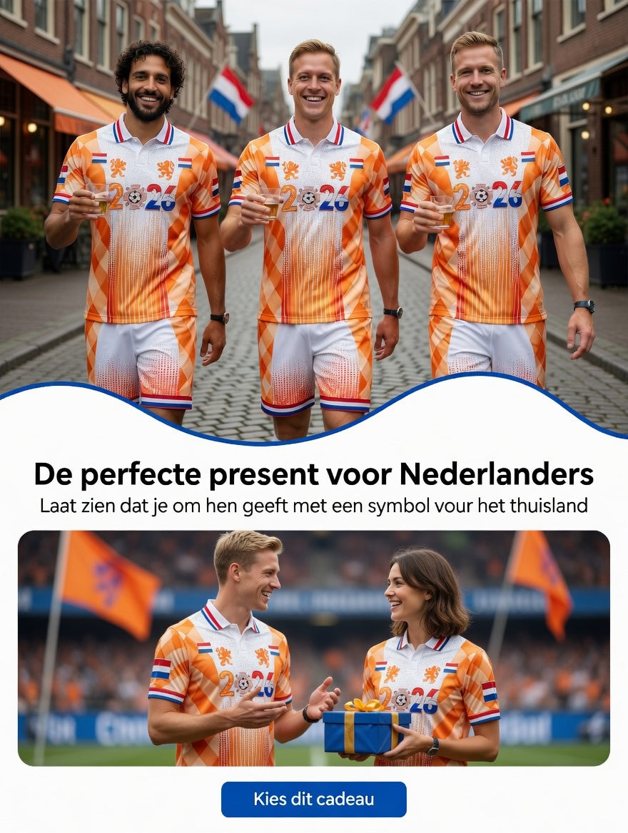 Heren Nederland 2026 voetbal patchworkprint casual poloshirt en korte broek set