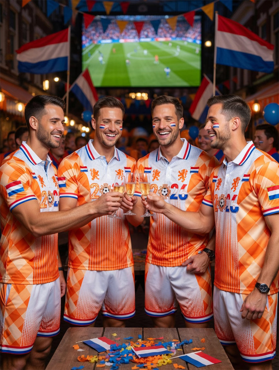 Heren Nederland 2026 voetbal patchworkprint casual poloshirt en korte broek set