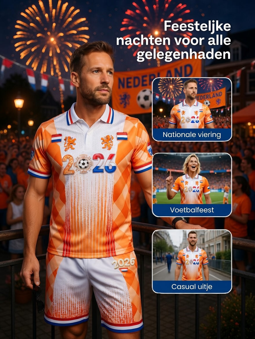Heren Nederland 2026 voetbal patchworkprint casual poloshirt en korte broek set