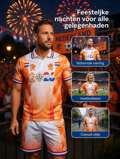 Heren Nederland 2026 voetbal patchworkprint casual poloshirt en korte broek set