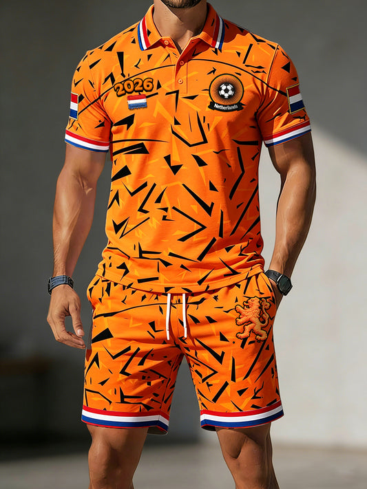 Heren Nederland 2026 Voetbal Graffiti Print Casual Poloshirt en Korte Broek Set