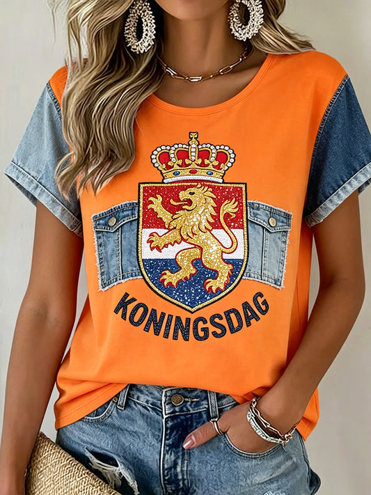 Dames vintage Koningsdag-kunstprint casual katoen-linnen top