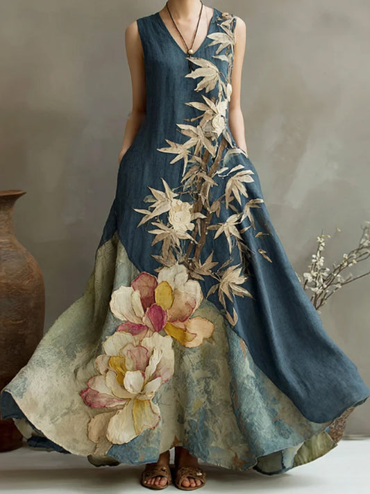 Dames vintage bloemen en bamboe kunst print linnen jurk