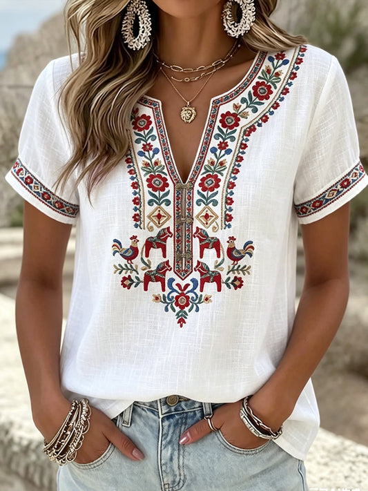 Dames T-shirt in vintagestijl uit Zweden, symmetrisch bloemenmotief, V-hals