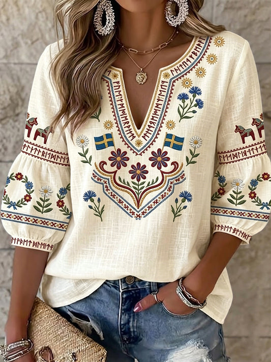 Zweedse symmetrische blouse met gebloemde V-hals in vintage-stijl voor dames