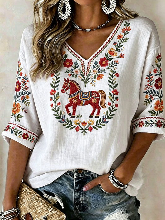 Dames Zweeds Midsummer-print casual t-shirt