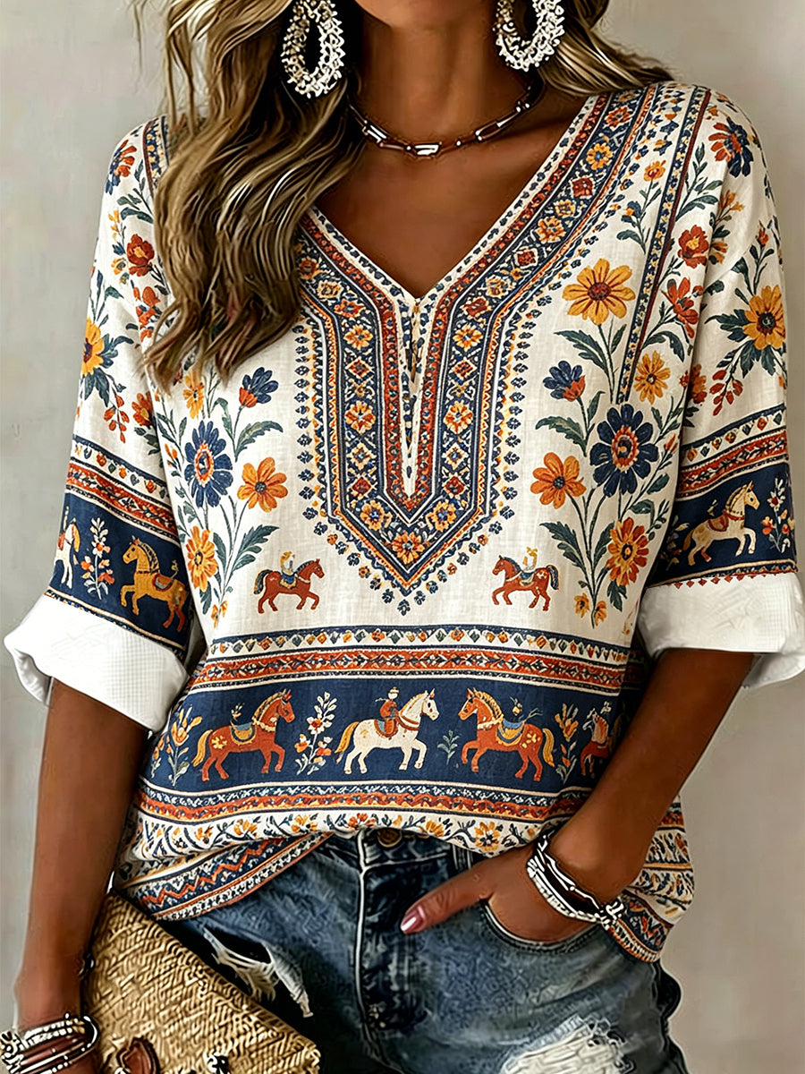 Dames Midsommerfeest Etnische print Casual top met V-hals