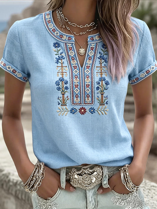 Zweedse Midzomer Symmetrische Bloemenkunst Casual V-hals T-shirt voor dames