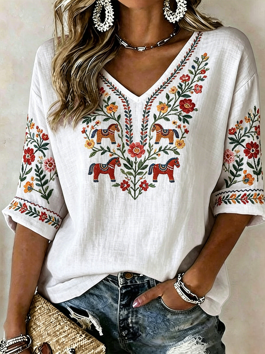 Dames Zweeds Midsummer-print casual t-shirt