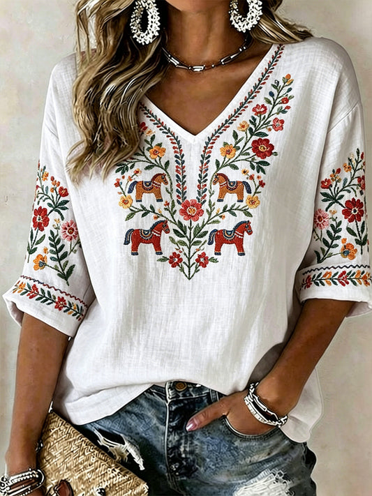 Dames Zweeds Midsummer-print casual t-shirt