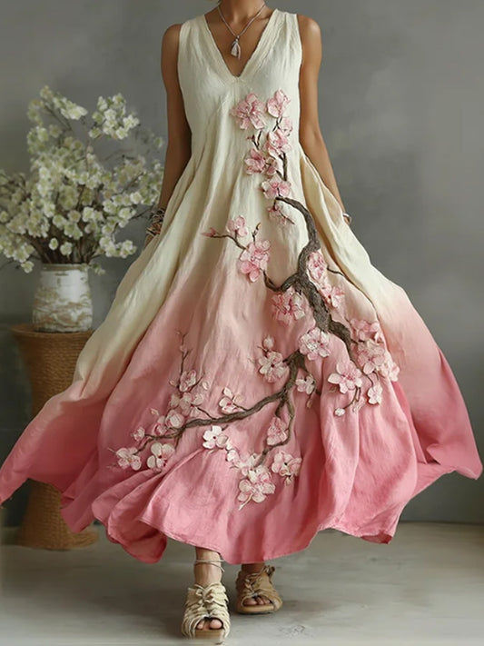 Dames vintage kersenbloesems geborduurd patroon linnen lange jurk met V-hals