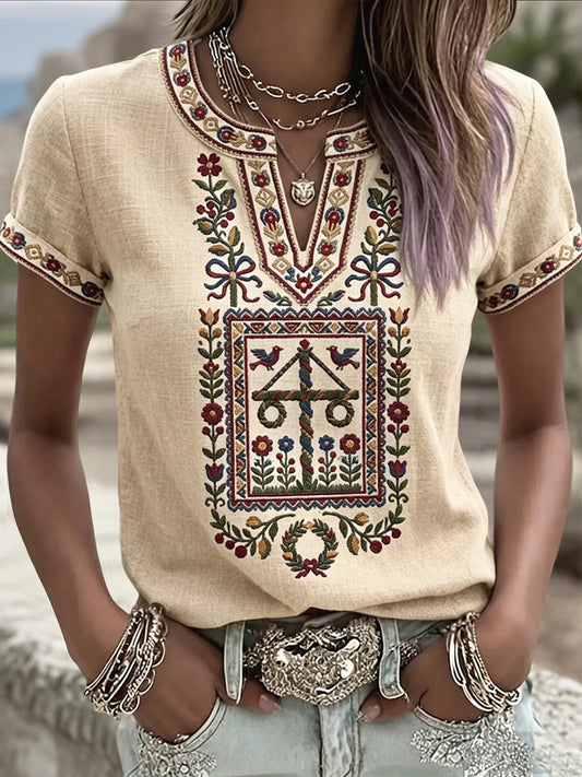 Zweedse Midzomer-geïnspireerde artistieke casual V-hals T-shirt voor dames