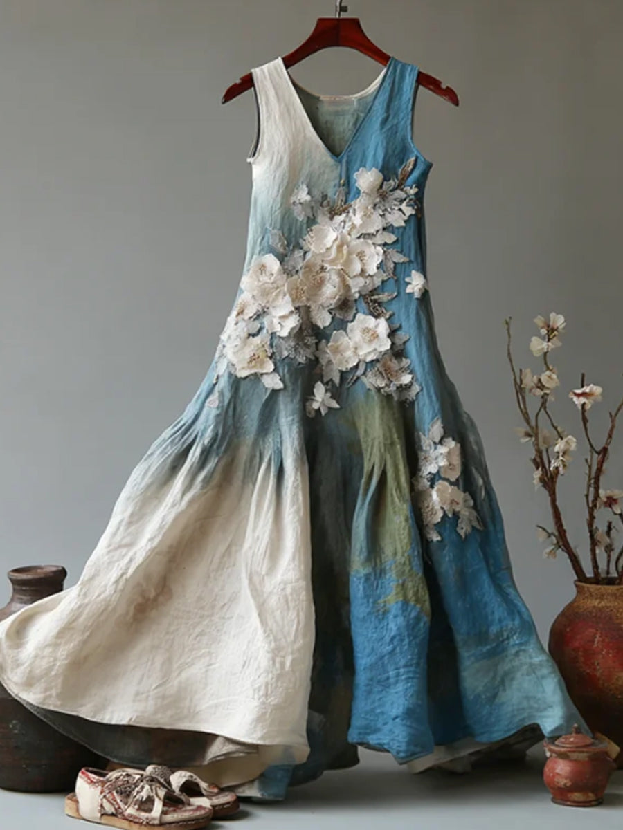 Vintage japanse bloemenkunstgradiënt casual linnen mouwloze jurk voor dames