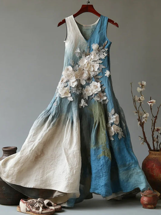 Vintage japanse bloemenkunstgradiënt casual linnen mouwloze jurk voor dames