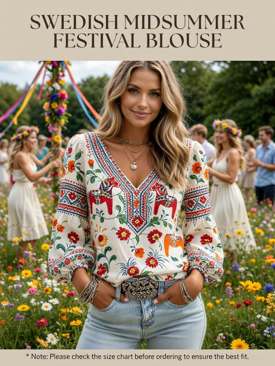 Dames Midsommerfestival etnische print casual pofmouwen top met V-hals