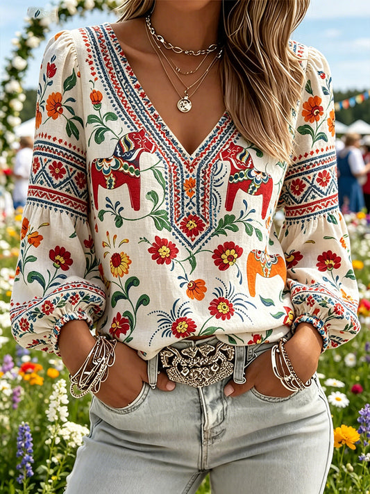 Dames Midsommerfestival etnische print casual pofmouwen top met V-hals