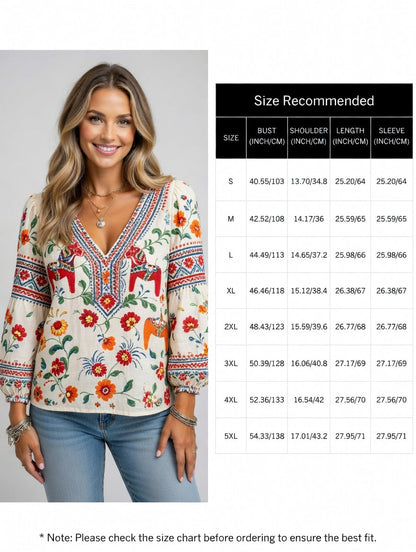 Dames Midsommerfestival etnische print casual pofmouwen top met V-hals