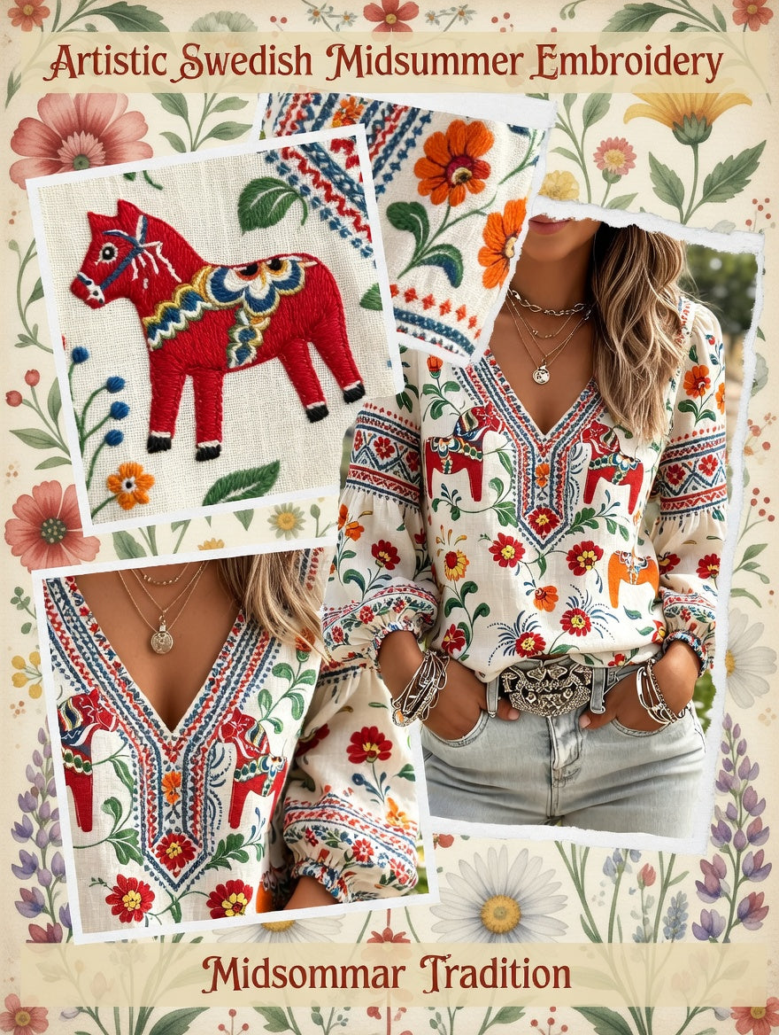 Dames Midsommerfestival etnische print casual pofmouwen top met V-hals