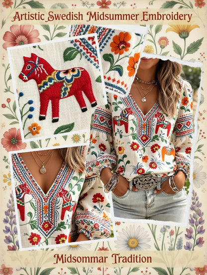 Dames Midsommerfestival etnische print casual pofmouwen top met V-hals