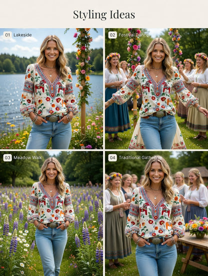Dames Midsommerfestival etnische print casual pofmouwen top met V-hals