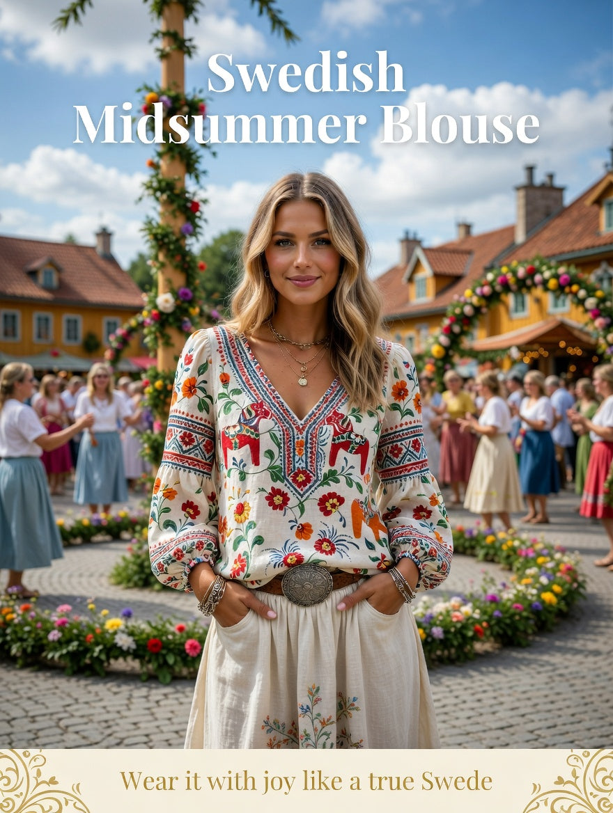 Dames Midsommerfestival etnische print casual pofmouwen top met V-hals