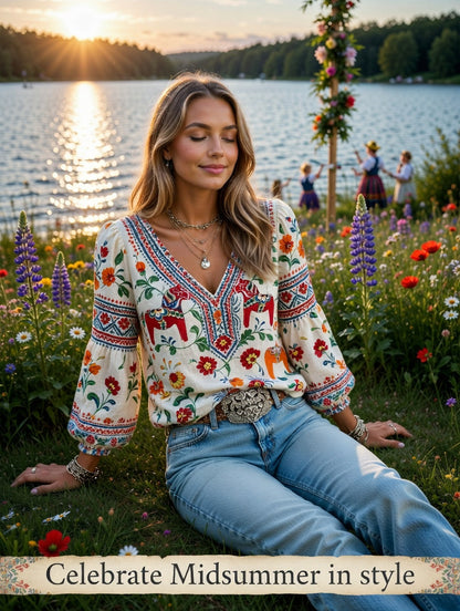 Dames Midsommerfestival etnische print casual pofmouwen top met V-hals
