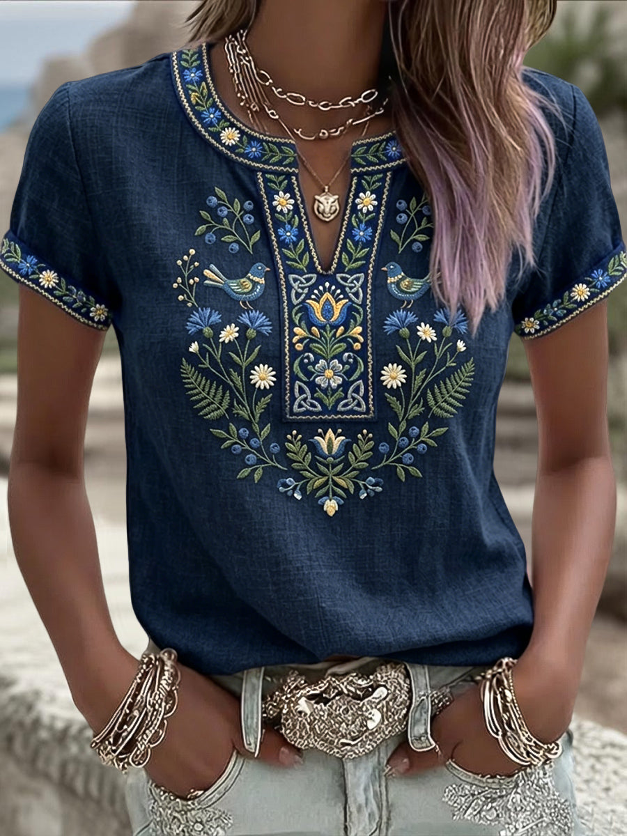 Vrouwen Retro Kunst Zweedse Midzomer Etnische Bloemen V-hals T-shirt