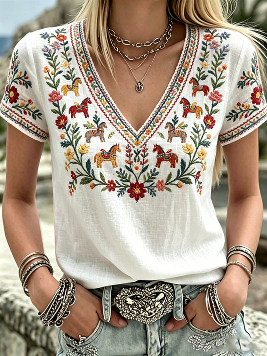 Dames Zweeds Midsummer-print V-hals casual T-shirt