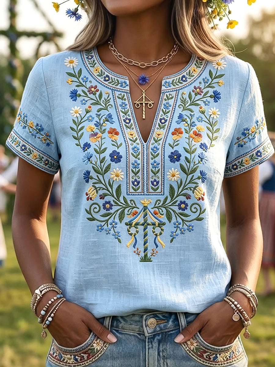 Dames retro kunst Zweedse midzomer pole bloem V-hals T-shirt