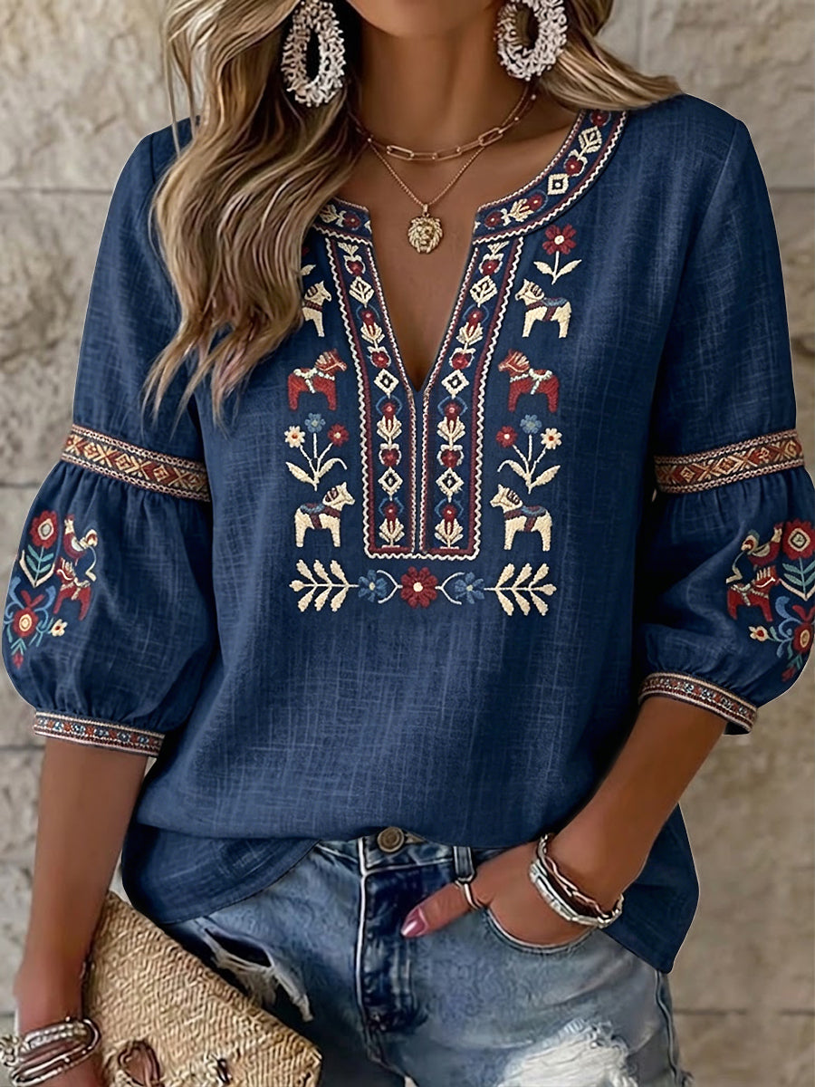Dames Vintage-stijl Zweeds Midzomer bloemen V-hals topje