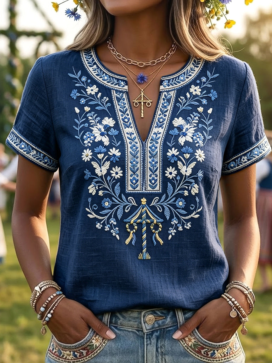 Retro Zweedse midzomer gebloemde kunst V-hals T-shirt voor dames