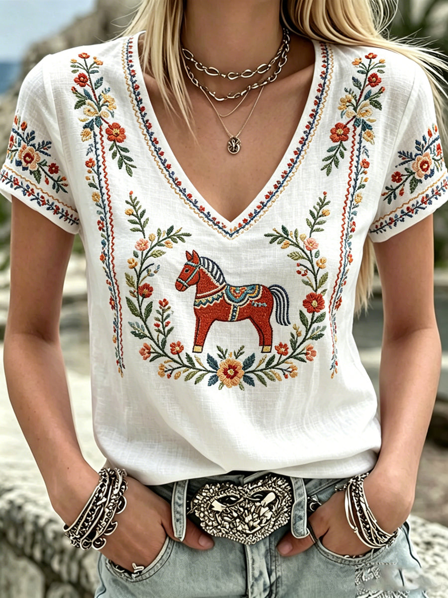 Dames Zweeds Midsummer-print V-hals casual T-shirt