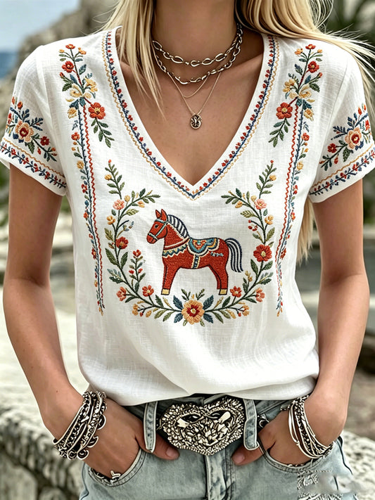 Dames Zweeds Midsummer-print V-hals casual T-shirt