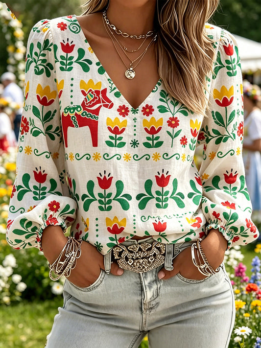 Dames Midsommerfestival etnische print casual pofmouwen top met V-hals