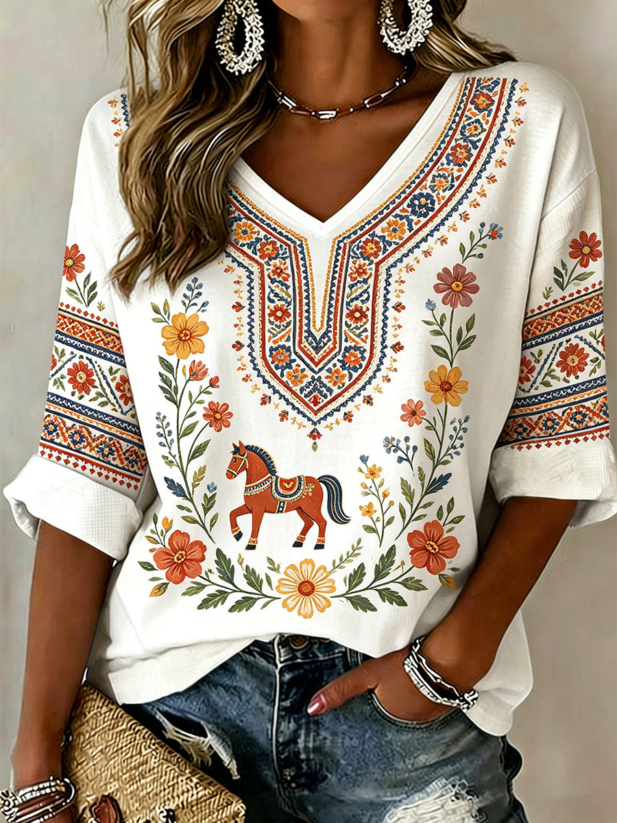 Dames Midsommerfeest Etnische print Casual top met V-hals