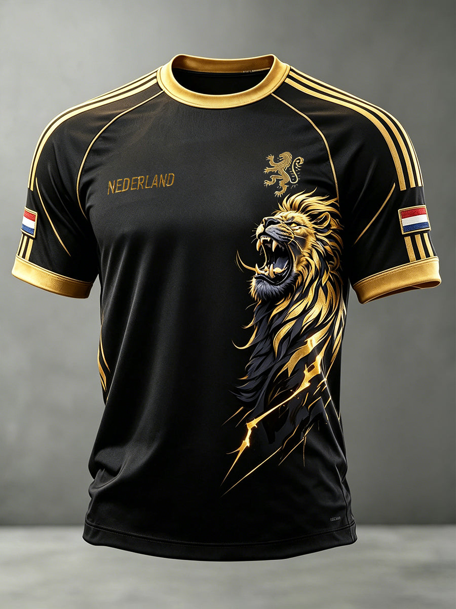 Heren sport-T-shirt in zwart en goud met leeuwenprint